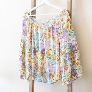Adora Off Shoulder Floral Top M/L | Boho Ruffle Bell Sleeve Peasant Blouse